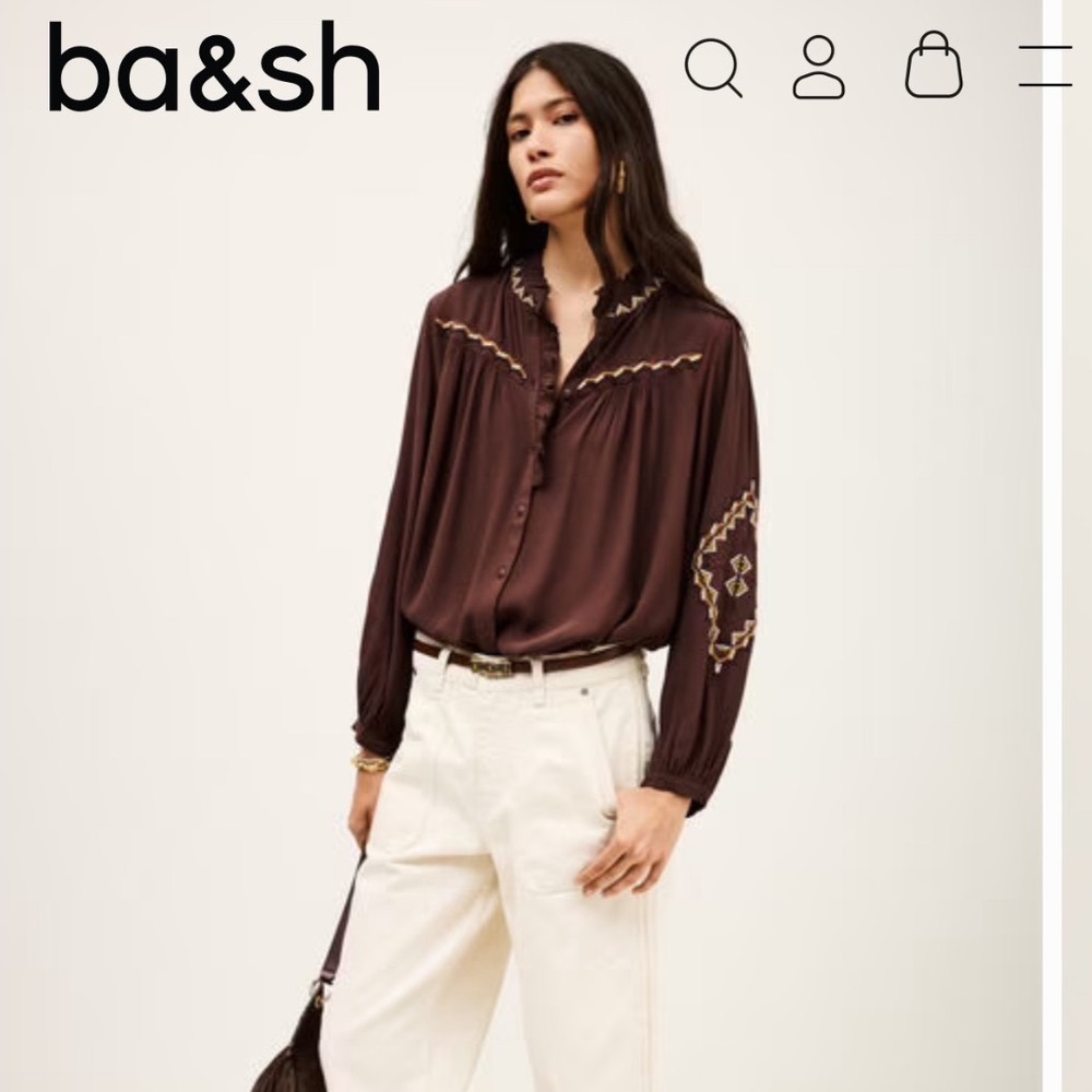 ba&sh Burgundy Embroidered Boho Blouse Ruffle Collar Long Sleeve Top Size 1